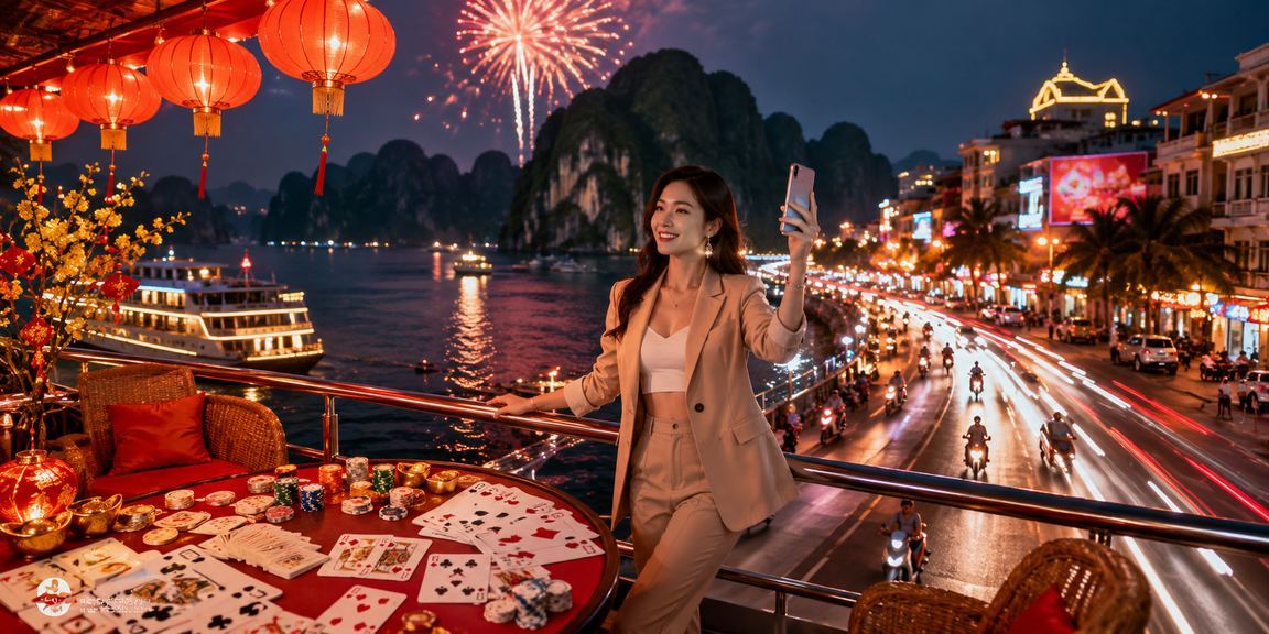 Khung cảnh vịnh Hạ Long về đêm kết hợp với trải nghiệm card game neon trực tuyến ee8836