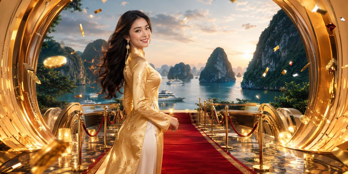 Cảnh Hạ Long Bay với hình ảnh áo dài Việt Nam kết hợp chủ đề casino cá cược